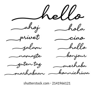 Hello Handwriting Black Vector Calligraphy Isolated on White Background. Marhaba, Marhabaan, Hallo, Bonjour, Guten Tag, Namaste, Ciao, Konnichiwa, Salam, Privet, Ahoj, Hola