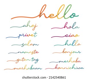 Hola caligrafía de vectores coloridos de escritura a mano aislada en fondo blanco. Marhaba, Marhabaan, Hallo, Bonjour, Guten Tag, Namaste, Ciao, Konnichiwa, Salam, Privet, Ahoj, Hola