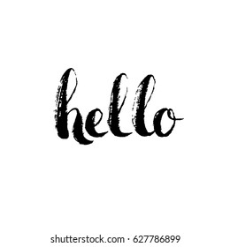 Hello - handwritten lettering design isolated. Black ink brush calligraphy, photo overlay. Vector illustration.