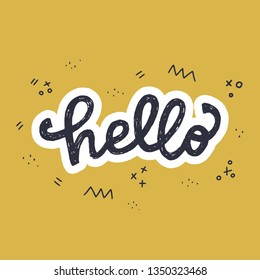 Hello handwritten lettering inscription. Hand drawn black rough texture letters with white outline on mustard background. Cartoon style text for apparel, poster, t shirt, cover. Vector illustration