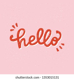 Hello handwritten lettering inscription. Hand drawn bright display letters on the peach-coloured background. Cartoon style text for apparel, ecard, poster, t shirt, blog cover. Vector illustration