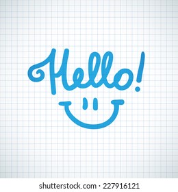 hello, handwritten text and smile on squared paper page