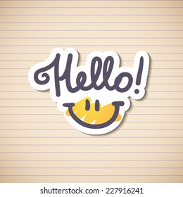 hello, handwritten text and smile on stripe paper page
