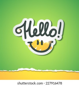 hello, handwritten text and smile on torn colored paper