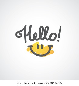 hello, handwritten text and smile on white background