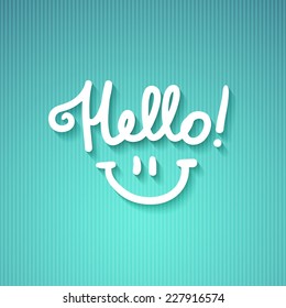 hello, handwritten text and smile on striped colored paper