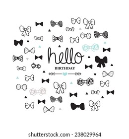 Hello Happy Birthday Suit Up And Celebrate Bow Tie Illustration Postcard Doodle Background Pattern In Vector