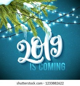 Hello Happy New Year 2019 poster with realistic icicles, christmas sparkling lights and fir tree. Vector illustration.