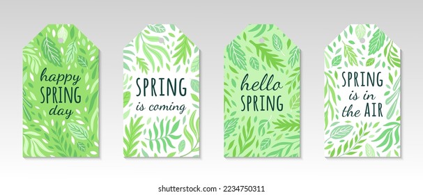 Hello, happy, spring is coming tag set. Floral ornamental blanks with leaves and branches pattern. Brochure design shades of green. EPS 10 vector illustration.