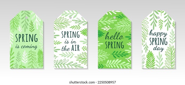 Hello, happy, spring is coming tag set. Floral ornamental blanks with textured leaves and branches pattern. Brochure design shades of green. EPS 10 vector illustration.