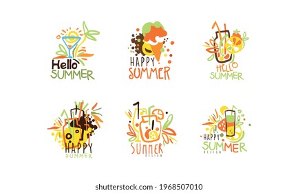 Hola Feliz Juego de Diseño de Logotipos de Verano, Vacaciones de Verano, Venta de Compras, Vector de Insignias Trópicas de Rótulos de Mano Dibujante Ilustración