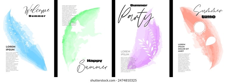 Hello happy summer poster abstract watercolor drawing flowers. Floral art hand drawn season celebration placard. Botanical aquarelle paint brush cover. Banner summertime blooms. Herbal plant postcards