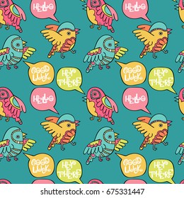 Hello. Hey there. Good luck. Birds. Seamless vector pattern (background).