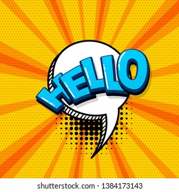 Hello hi comic text sound effects pop art style. Vector speech bubble word and short phrase cartoon expression illustration. Comics book colored background template.