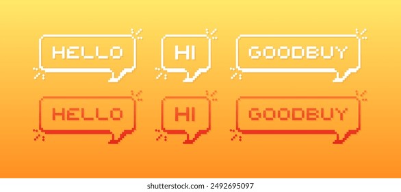 Hola, hola y adiós iconos de conjunto. Iconos de burbuja de mensaje de píxel. Estilo plano. Iconos vectoriales.