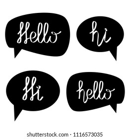 hello and hi hand drawing lettering words in black speech bubble on white, stock vector illustration 
