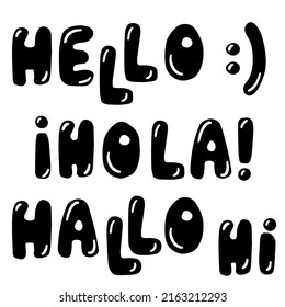 hello hi hola hallo black monochrome linear hand written English Spanish German welcome word isolated on white background graphic element useful for web and printing  