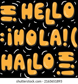 hello hi hola hallo colorful linear bold hand written English Spanish German welcome word graphic seamless pattern on dark background