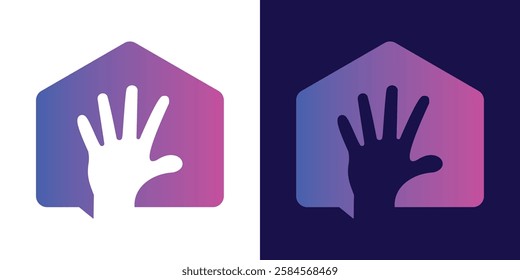 Hello Hi  House Logo Design. Hello Hand Gesture Behind House Silhouette Logo Design.
