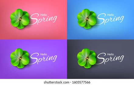 Hello, hi pink, blue, purple, gray spring background set stock vector illustration. Realistic flowers. Templates for placards, banners, flyers, presentations, reports. invitation, posters, brochure