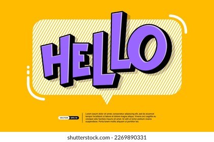 Hello, Hi speech bubble in cartoon style 3d bold concept. Modern White bubble with message Text Hello , yellow background for banner, poster, sticker. Vector Illustration