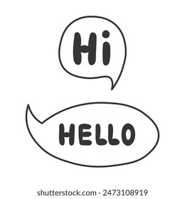 Hello Hi Speech Bubble Doodle. Hand drawn comic balloon with phrase word text. Line art. Outline greeting vector illustration