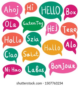 Hello, Hi with speech bubbles on different languages. Translation concept. Hand drawn icons isolated on white background.  Vector illustration. 