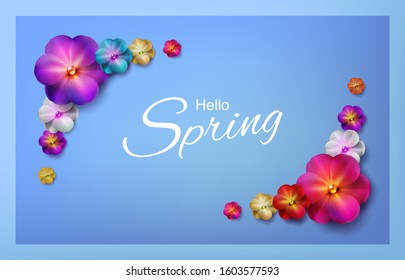Hello, hi spring blue background stock vector illustration. Realistic colorful flowers. Templates for placards, banners, flyers, presentations, reports, invitation, posters, brochure, voucher discount