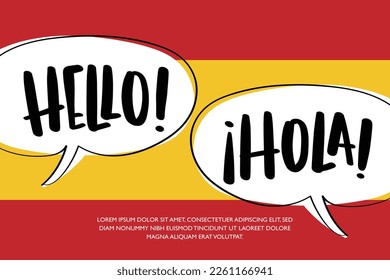 Hello and Hola text in speech bubble. Hola, hello in Spanish language. Spain flag background.