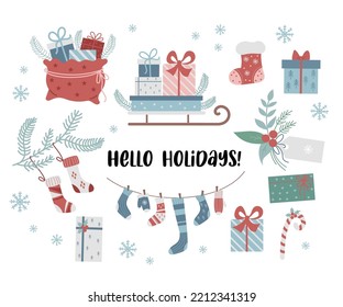 hello holiday. Set new year gifts, Christmas sock and sleigh with boxes, Santas bag, gift tag with spruce branch, caramel and knitted stockings with gloves. Vector illustration. Isolated elements