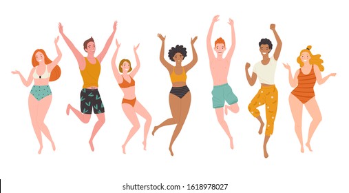 Hello holidays! Vector illustration of a group young and happy people in swimsuits and beach wear. Isolated on white