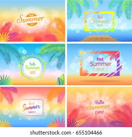 Hello hot summer days party posters set on blurred background. Tropical trees brunches on advertisements vector illustration. Light spots and sunny beams
