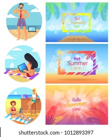 Hello hot summer days in tropics set, letterings with frames, woman working at beach with laptop, man and phone, hot great weather vector illustration