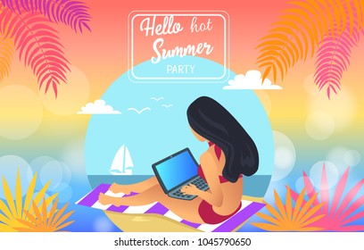 Hello hot summer party, poster with lettering in frame, woman working on laptop, palm leaves and seaside with sailboat isolated on vector illustration