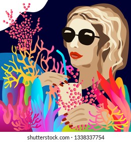 Hello Hot Summer. Silk scarf with beautiful girl and corals on dark blue background. Aloha textile collection.