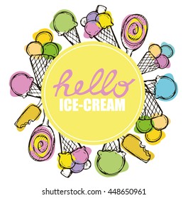 Hello ice cream. Vector template banner. Vector illustration.