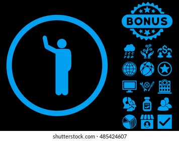 Hello icon with bonus design elements. Vector illustration style is flat iconic symbols, blue color, black background.