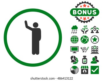 Hello icon with bonus images. Vector illustration style is flat iconic bicolor symbols, green and gray colors, white background.