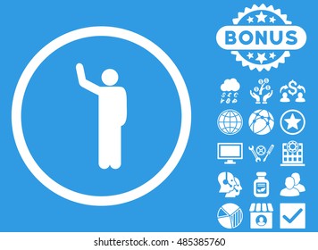 Hello icon with bonus pictures. Vector illustration style is flat iconic symbols, white color, blue background.