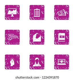 Hello icons set. Grunge set of 9 hello vector icons for web isolated on white background