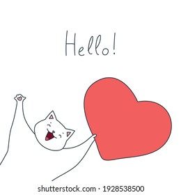Hello! Illustration of a cute cat with big heart in his paws isolated on a white background. Vector 10 EPS