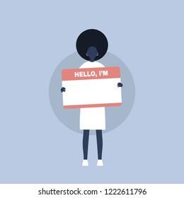 "Hello, I'm" badge. Young black female character introducing herself/ Flat editable vector illustration, clip art