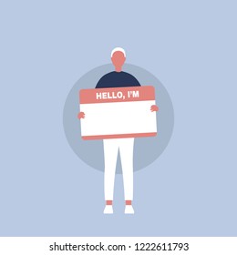 "Hello, I'm" badge. Young male character introducing himself/ Flat editable vector illustration, clip art