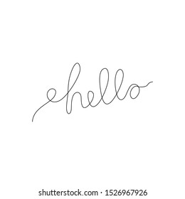 Hello inscription continuous line drawing, hand lettering small tattoo, print for clothes, emblem or logo design, one single line on a white background, isolated vector illustration.