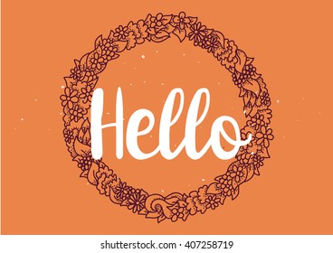 Hello inscription. Greeting card with calligraphy. Hand drawn lettering design. Photo overlay. Typography for banner, poster or clothing design. Vector invitation.
