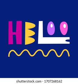 Hello. The inscription on the card, poster, notebook. Flat color illustration on a blue background. Vector. Doodle.