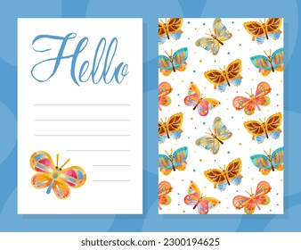 Hola plantilla de tarjeta de invitación con brillantes y hermosas mariposas ilustración vectorial