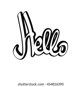 Hello, isolated sticker, calligraphy lettering, word design template, vector illustration