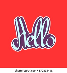 Hello, isolated sticker, calligraphy lettering, word design template, vector illustration