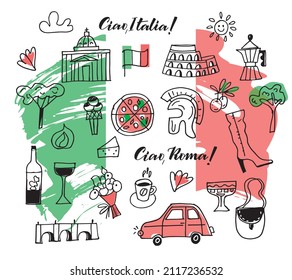 Hello , Italy! Hello Rome! Vector set illustration isolated on white background for poster, tamplate . Doodle concept.